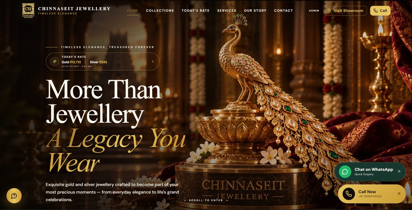 Homepage of the Chinnaseit Jewellery website: a gold peacock figure, the navigation bar, and a live gold and silver rate panel above the headline.
